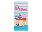 Prugasti peškir za plažu sa prasićima, kućicama na plaži i rakom, tekst „MAKE Waves“.