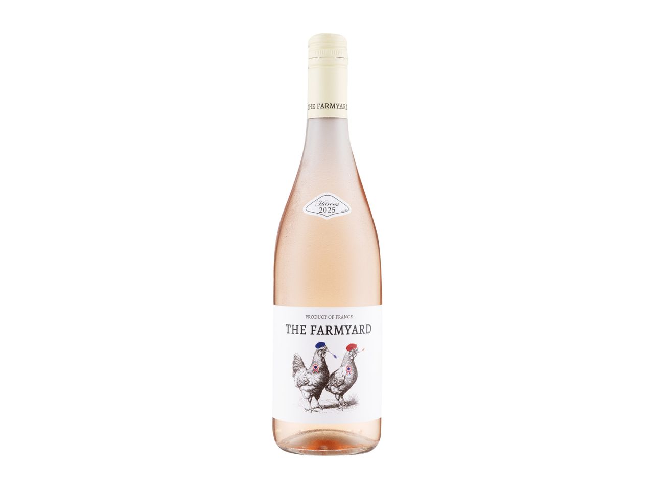 A bottle of rosé wine with a label featuring two chickens wearing French berets, harvest 2025.