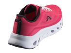 Pink athletic shoe with white sole and black accents, viewed from the back at an angle.