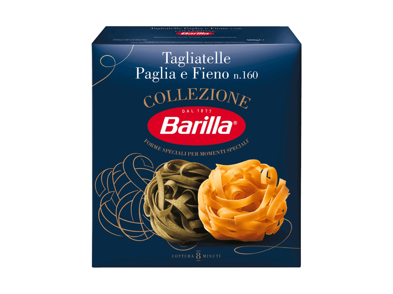 Packung Tagliatelle Paglia e Fieno Nr. 160, mit grünen und gelben Nudeln.