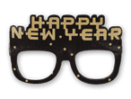 Schwarze Neujahrsbrille mit goldener Aufschrift „HAPPY NEW YEAR“ und Sternen.