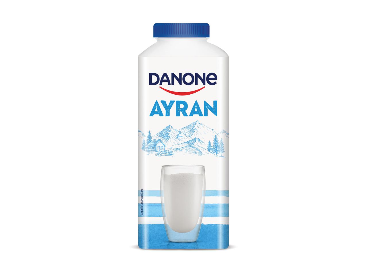 Danone Ayran joghurt ital palackban, hegyi tájjal a címkén.