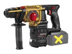 Cordless rotary hammer drill with an auxiliary handle and a missing battery pack.