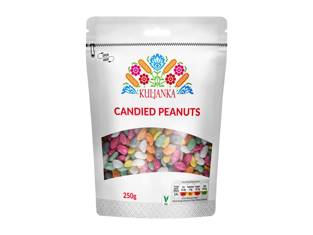 Cezuka Candied Peanuts in a resealable pouch.