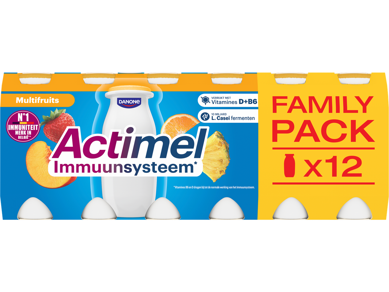 Multifruit drinkyoghurt, verrijkt met vitamines D+B6 en L. Casei fermenten, in een 12-pack.
