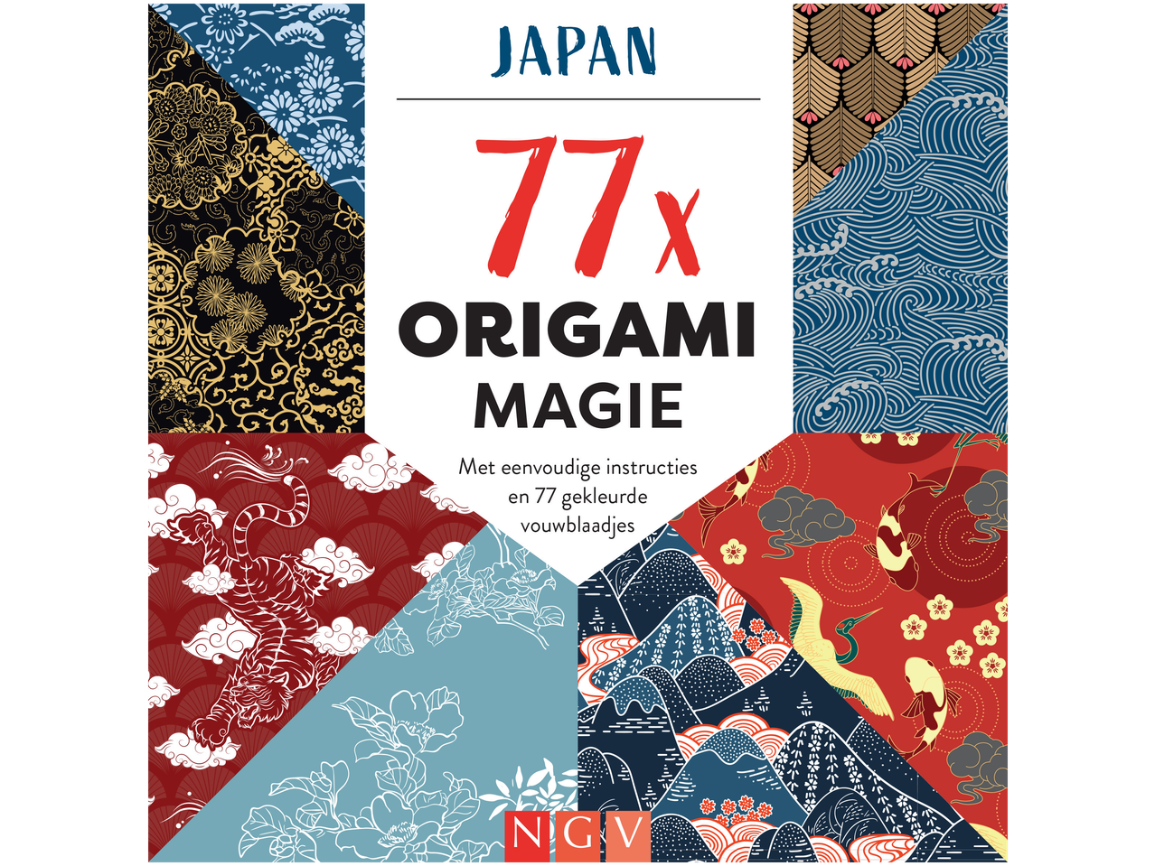 Origamiboek met 77 gekleurde vouwblaadjes en traditionele Japanse patronen.