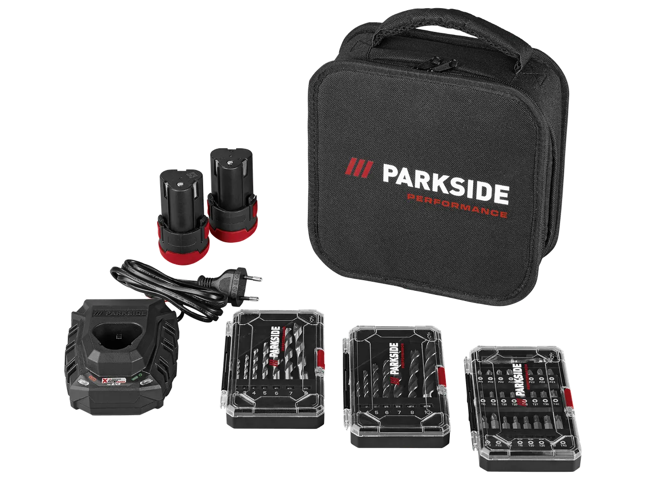 Комплект от батерии, зарядно устройство, чанта и кутии с накрайници и свредла за инструменти.