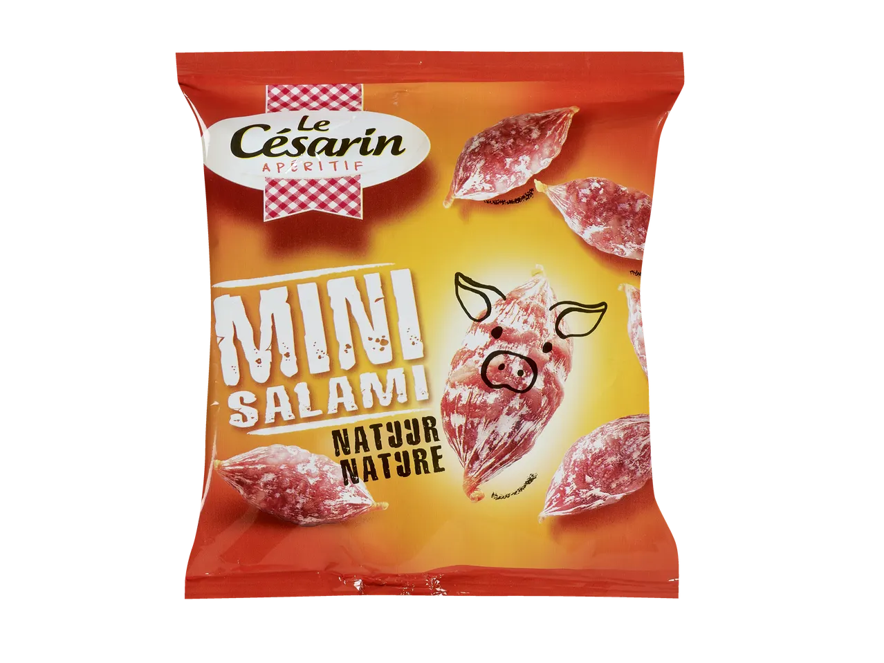 Le Césarin Mini Salami Nature, sachet de collation avec illustration de cochon.