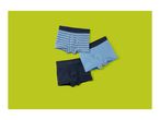 Three pairs of boys' boxer briefs in shades of blue, one striped, on a lime green background.