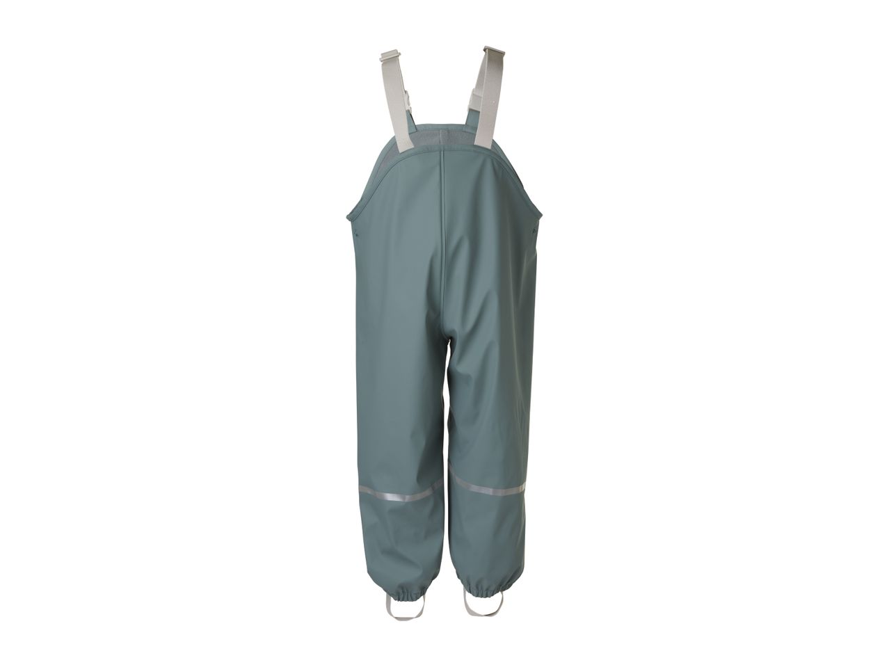 Children's waterproof dungarees in a teal color with reflective strips and adjustable straps.