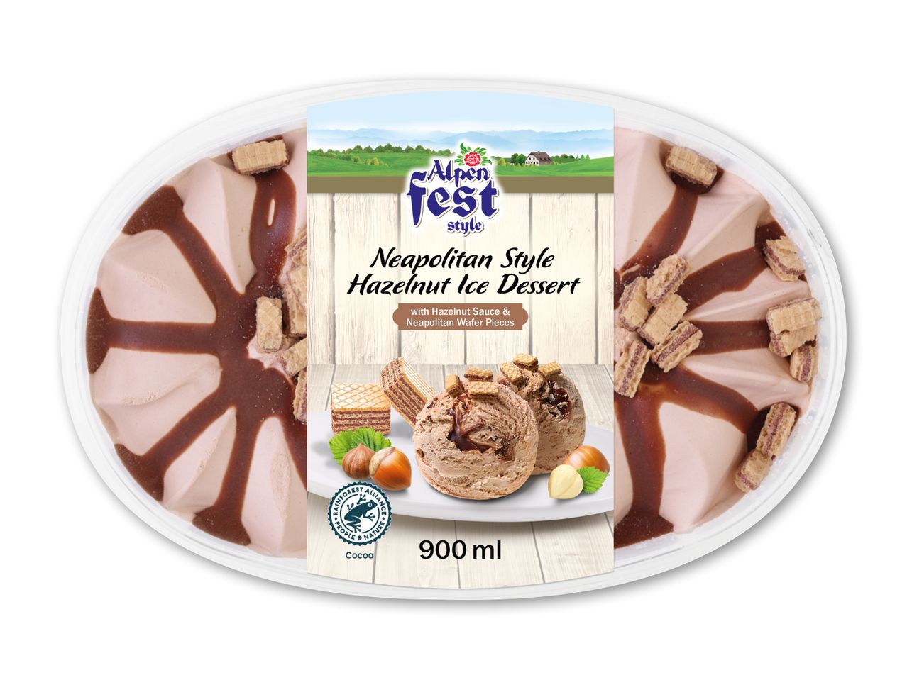 Neapolitan Style Hazelnut Ice Dessert med hasselnøddesauce og neapolitaner-vaffelstykker, 900 ml.