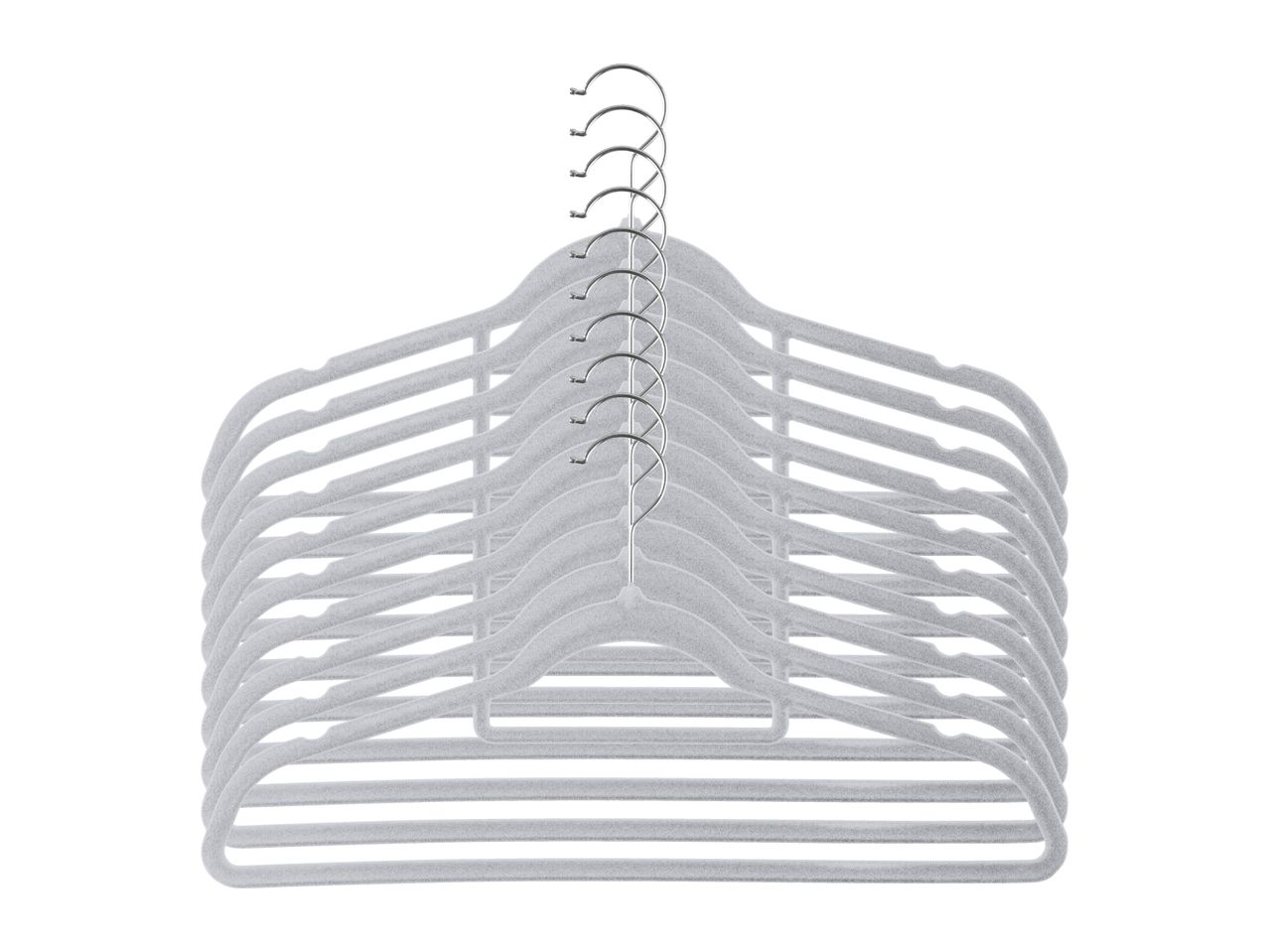 A stack of light grey velvet hangers with chrome hooks, fanned out against a white background.