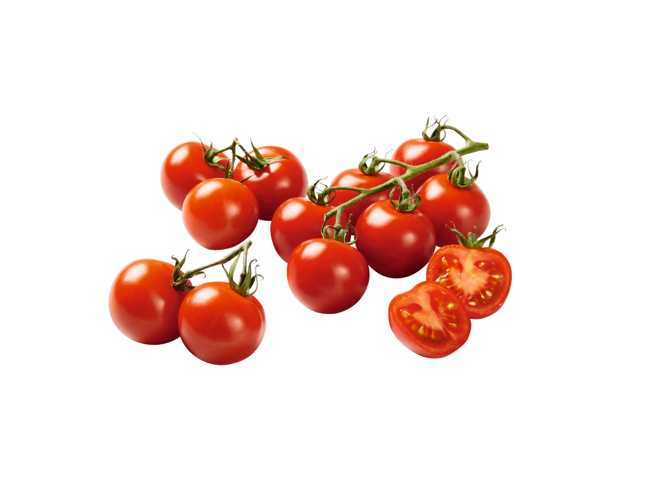 Zralá červená rajčata na větvi, některá nakrájená.