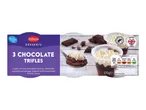 Three Milbona chocolate trifles: chocolate mousse, custard and sponge.