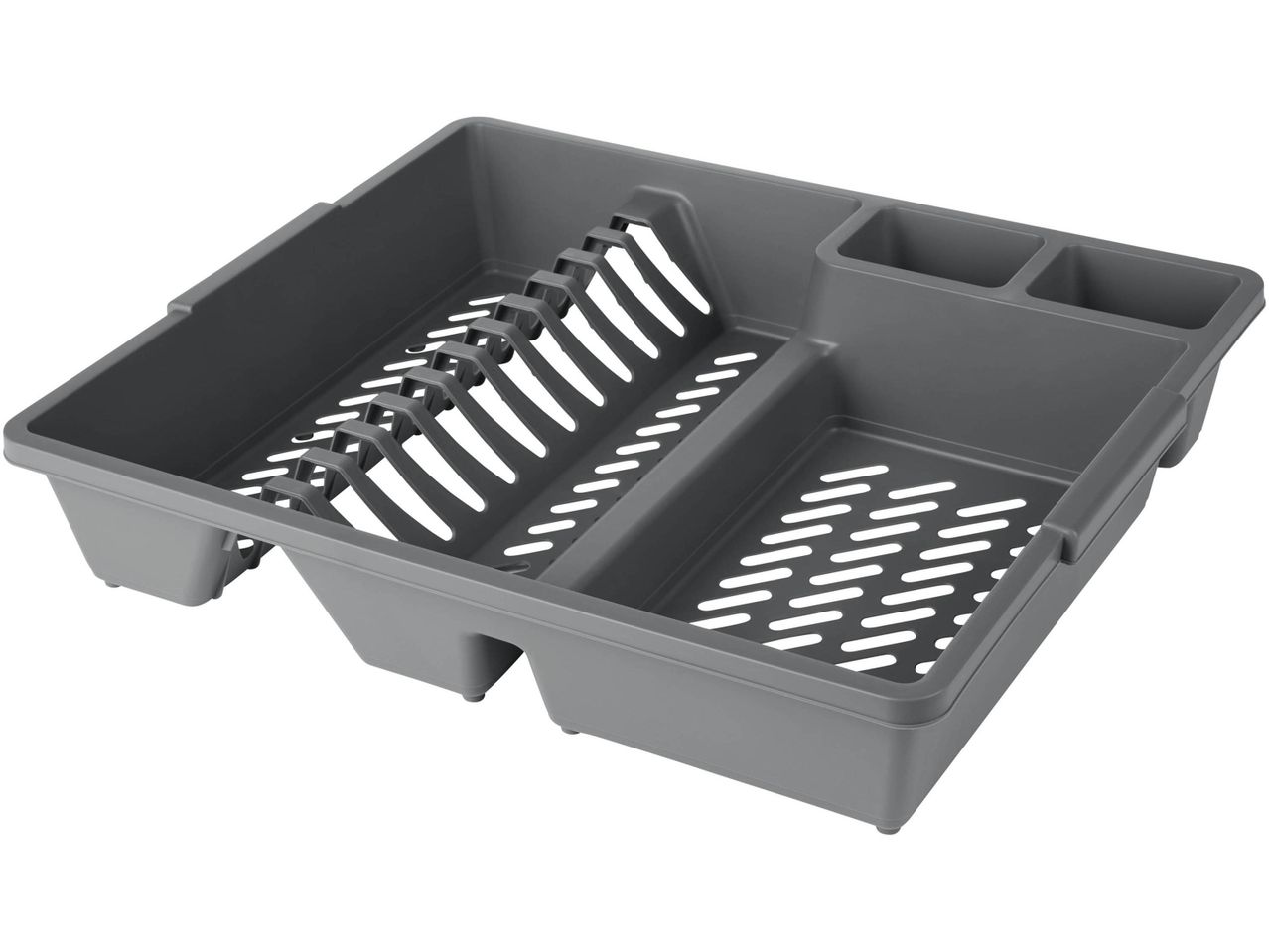 Gray plastic dish drying rack with utensil holders.