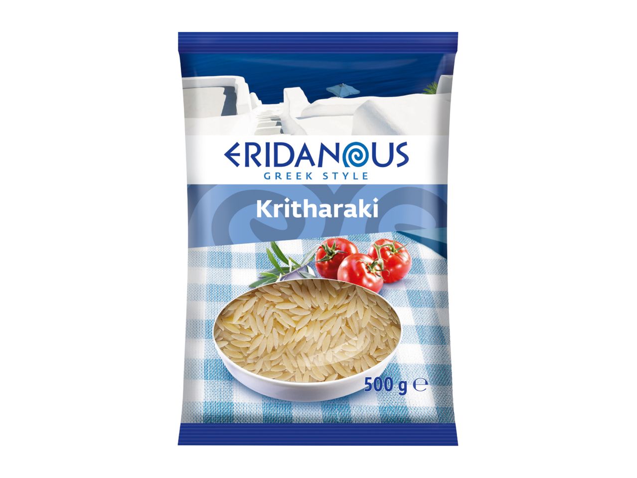 Greek-style pasta (Kritharaki) in a 500g package, featuring a Mediterranean scene.