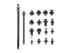 A selection of black plastic car trim clips and cable ties.