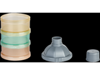 Three-compartment baby food container and gray cap.
