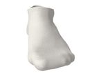 A single white ankle sock, seen from a low angle, showing the ribbed texture.