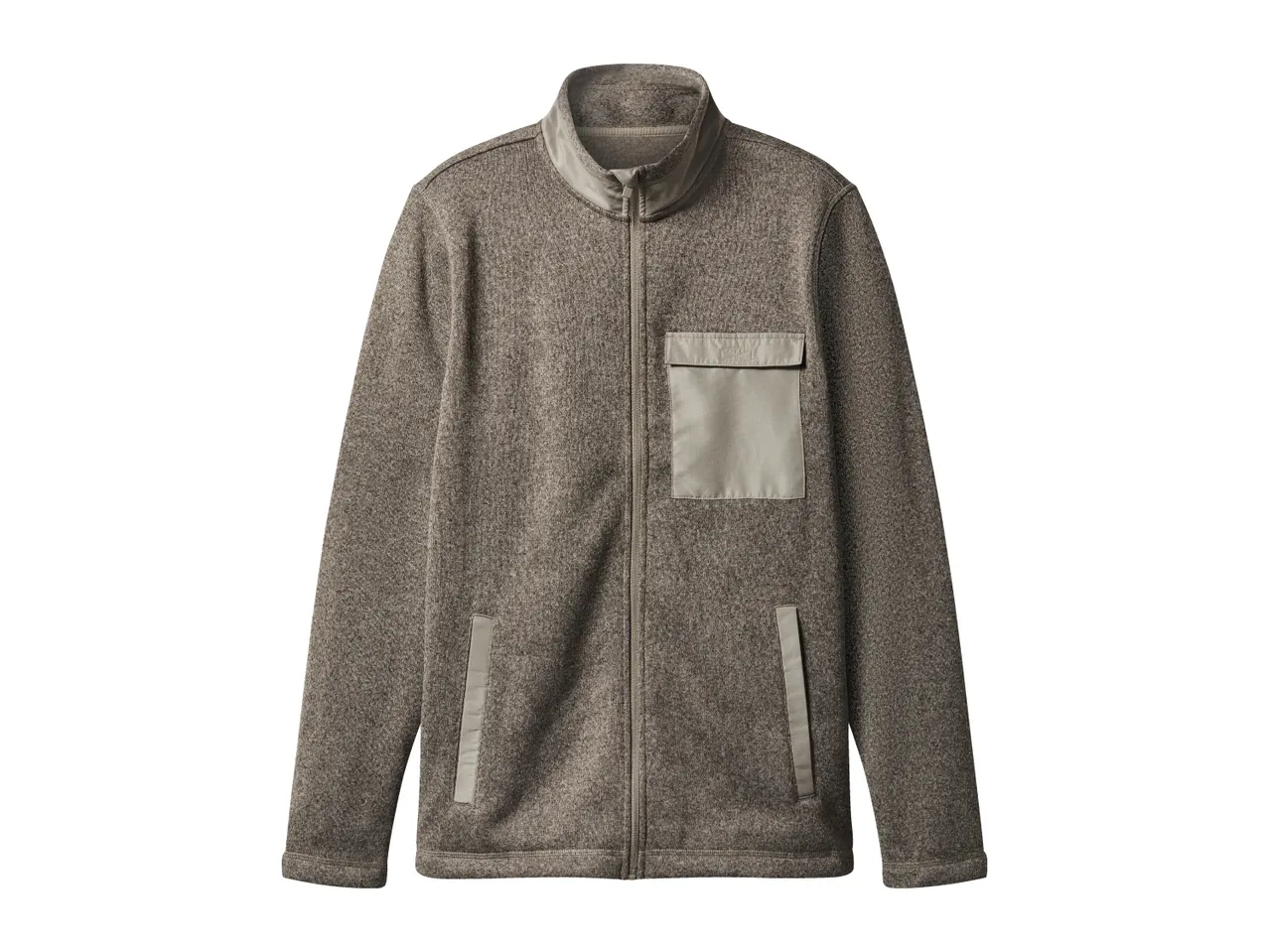 Brown full-zip fleece jacket with a stand-up collar and light brown pockets