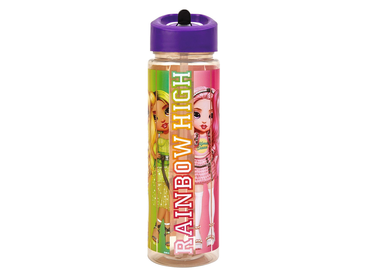 Rainbow High branded water bottle with straw and purple lid.