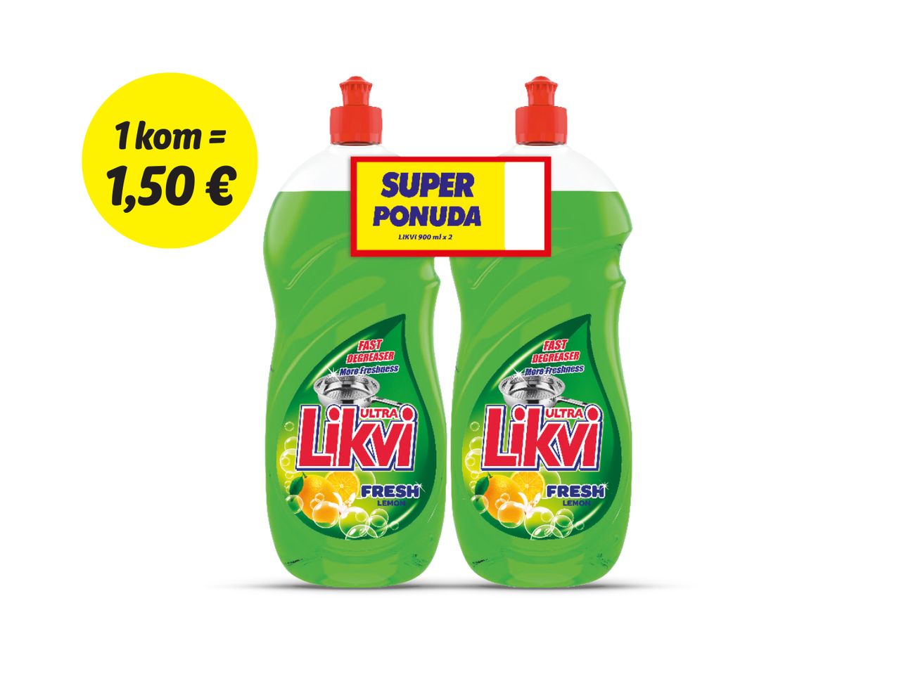 Dvije boce tekućine za pranje posuđa Liky s limunom, 1,50 €.