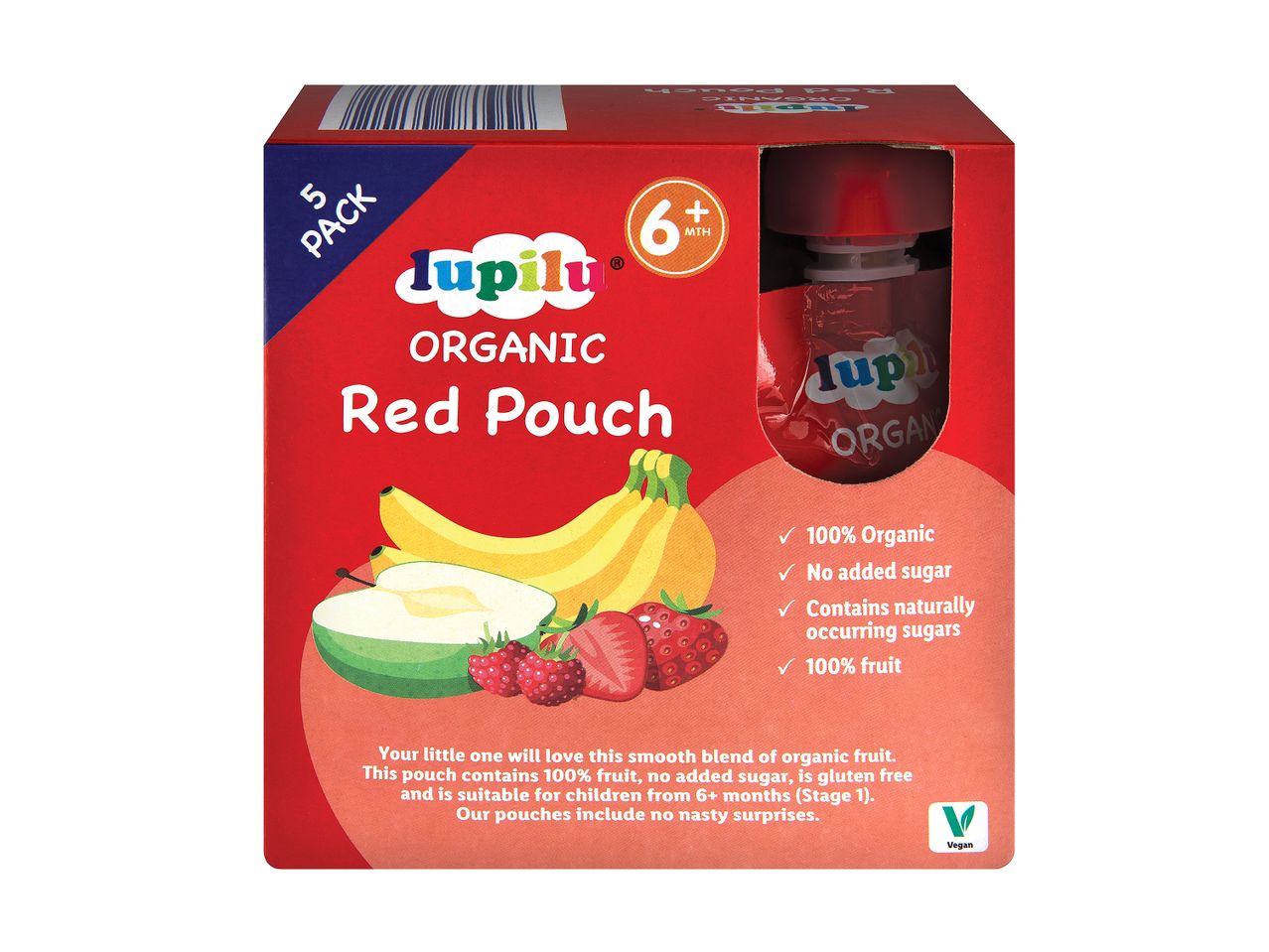 5 Lupilu Organic Red Pouches for babies 6+ months.