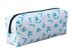 White pencil case with a teal bamboo leaf pattern and a black zipper