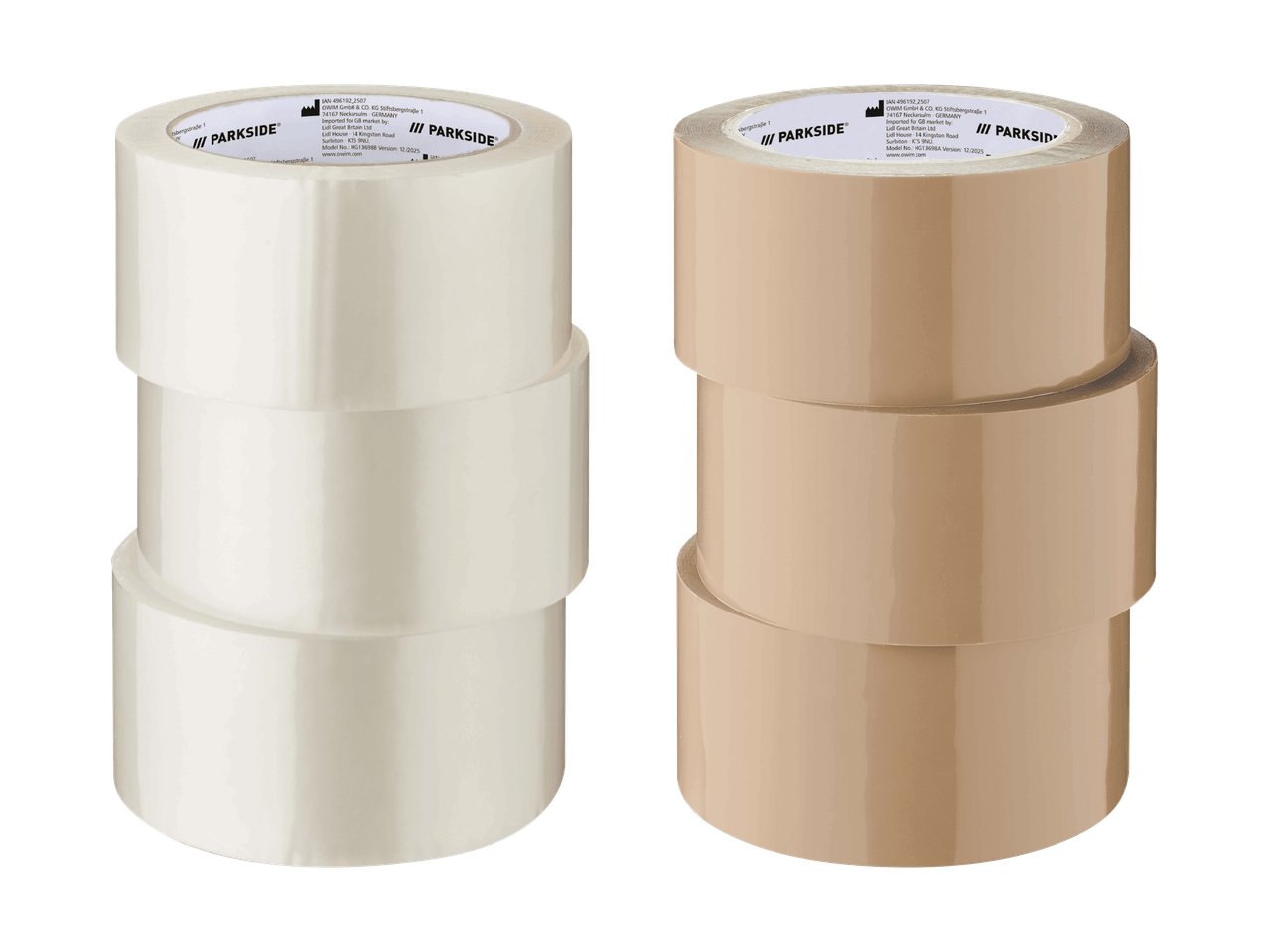 Due pile di nastro adesivo da imballaggio, uno trasparente e uno marrone.