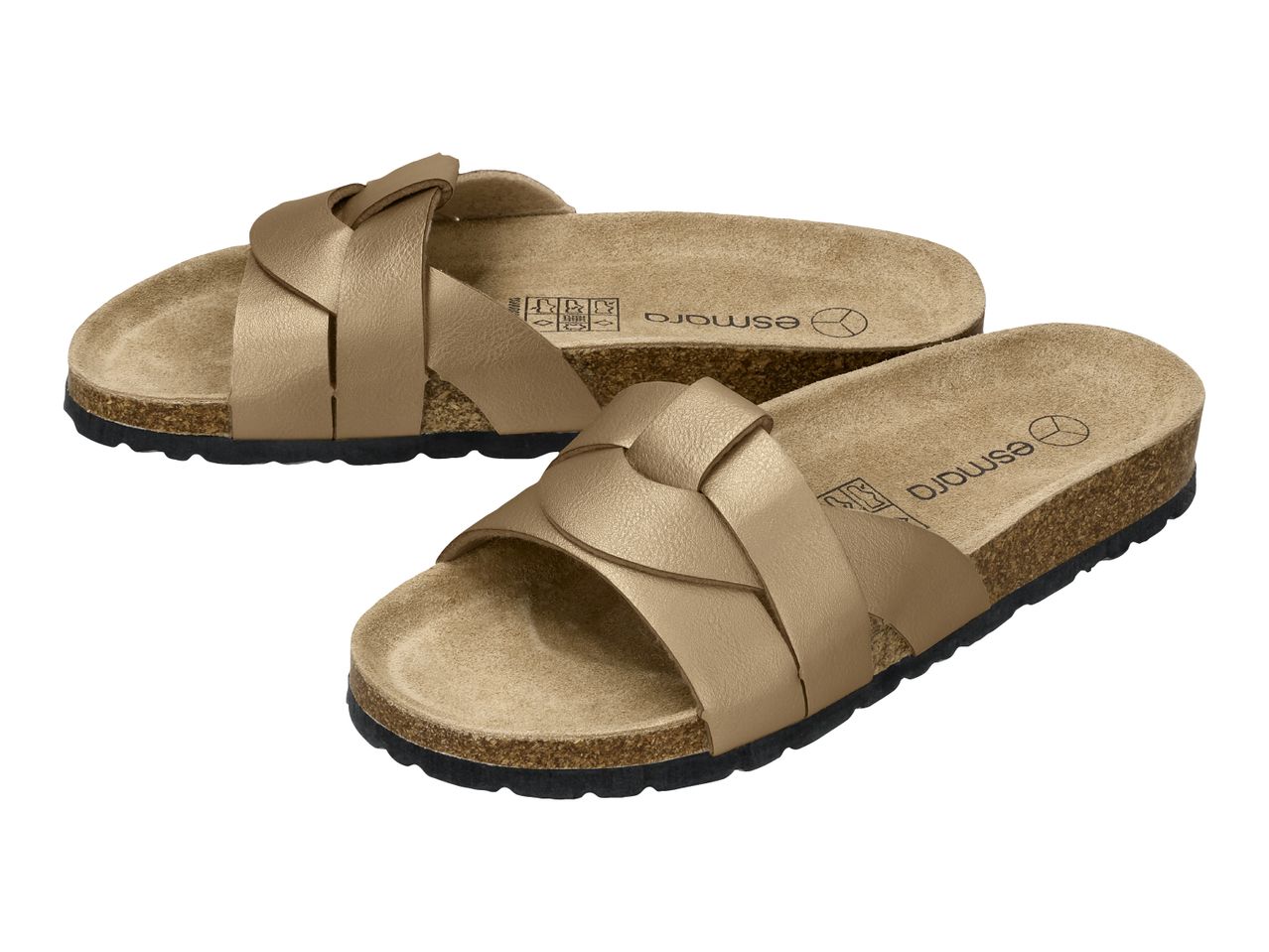 Pair of gold-colored women's slide sandals with braided straps and cork soles.