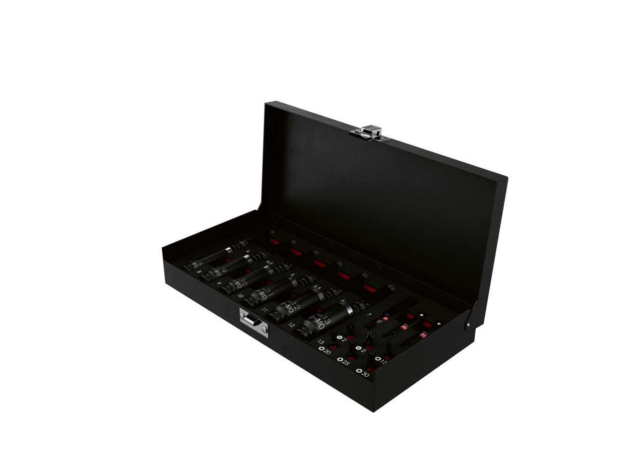Black metal case with various socket wrenches and screwdriver bits.
