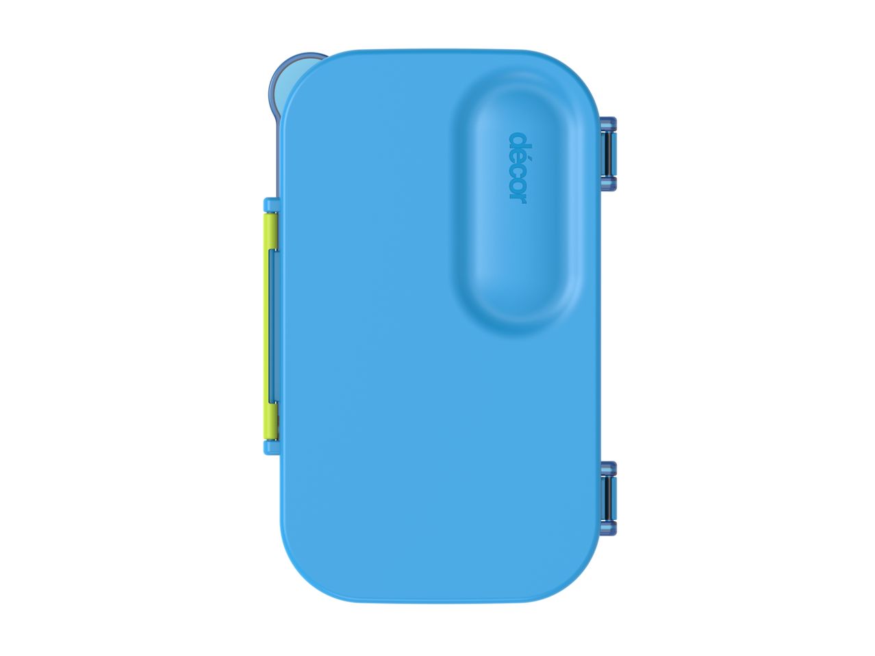 Blue lunchbox with a green side clip and a spoon, featuring the word 'décor'.