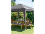 Garden gazebo, garden furniture, and colorful lanterns.