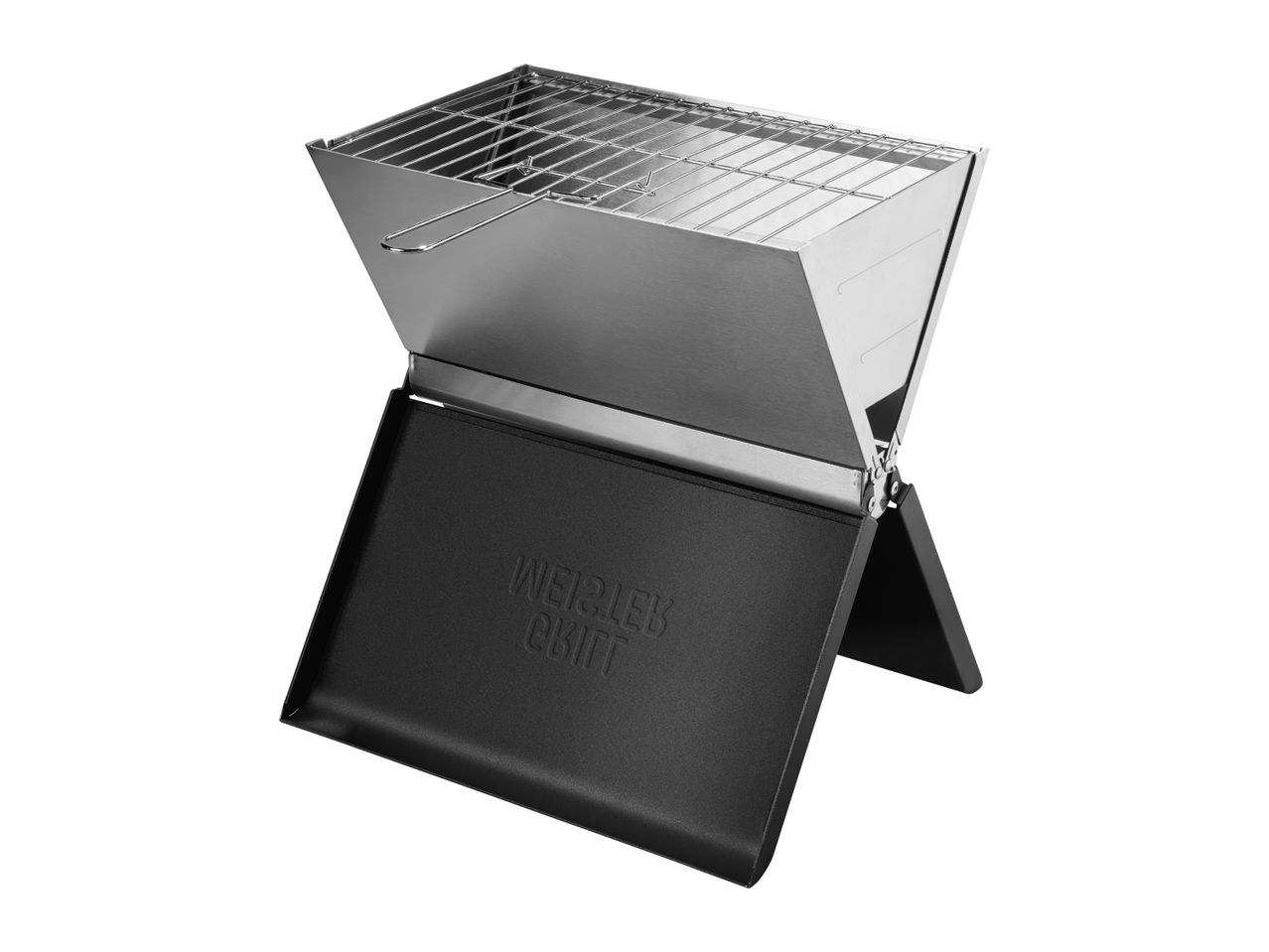 Portable stainless steel barbecue grill with a black base, featuring a removable grill grate.