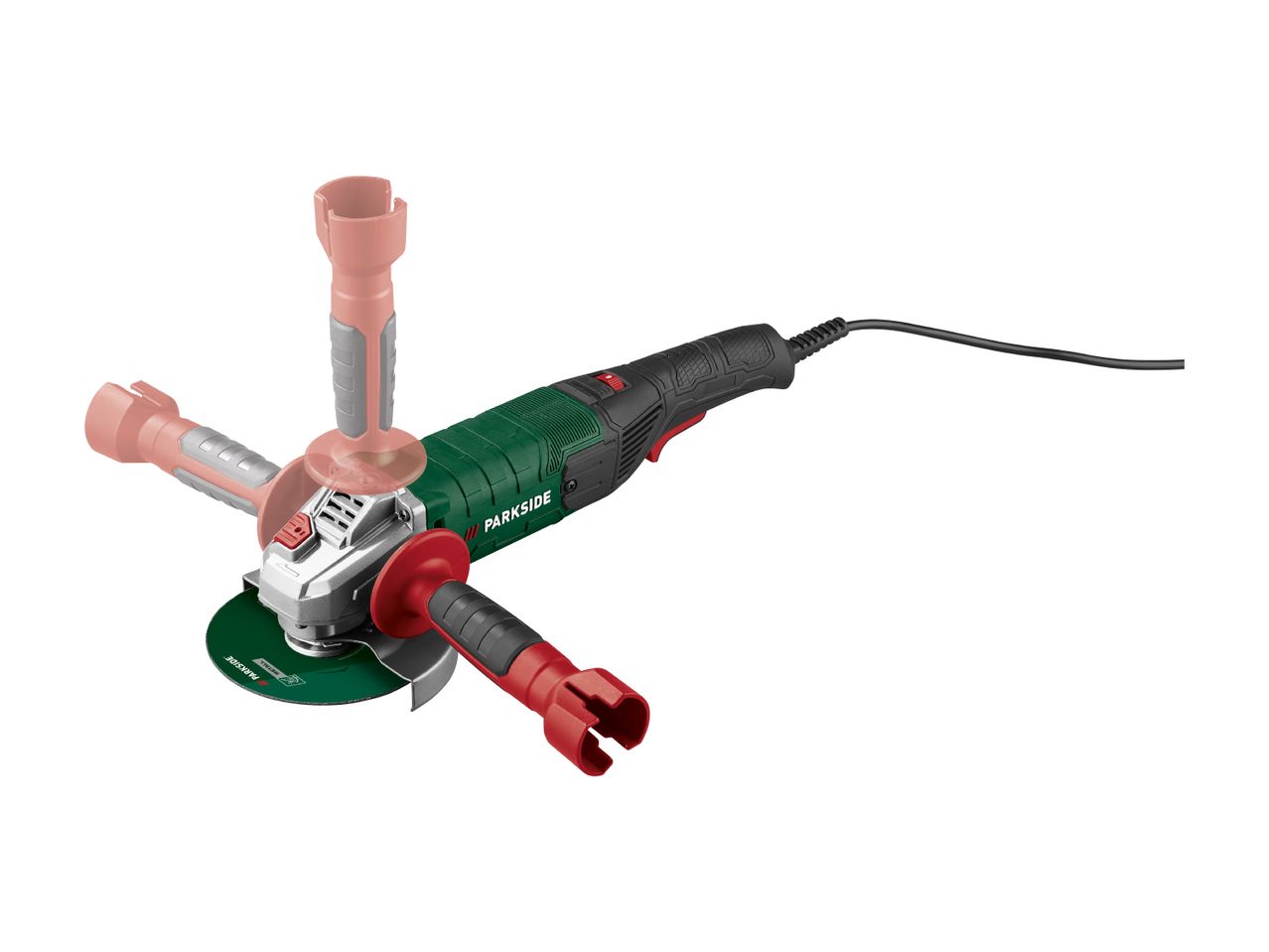 Angle grinder with three interchangeable handles and a cutting disc.