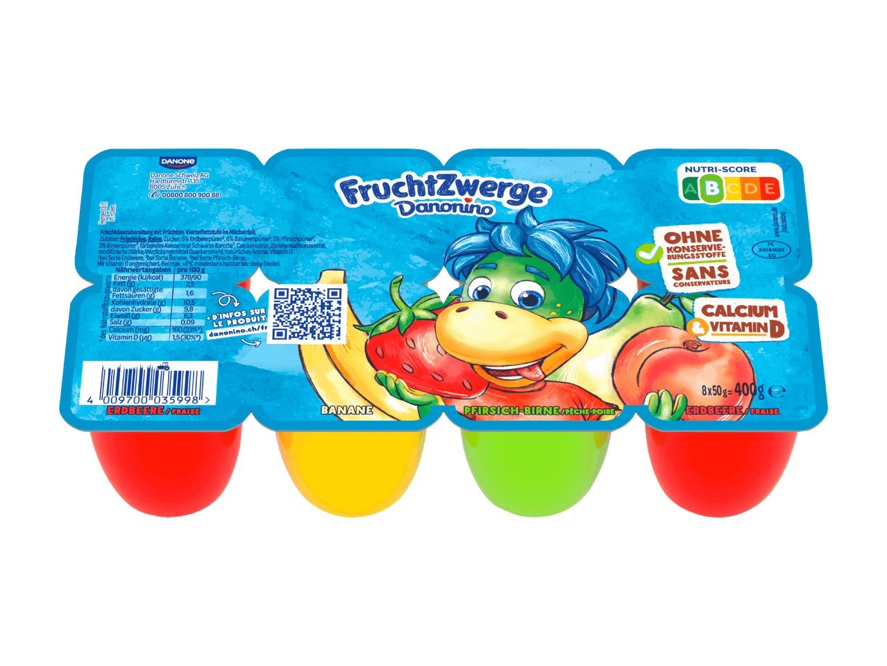 Vasetti colorati di formaggio fresco alla frutta per bambini nei gusti fragola, banana e pesca-pera.