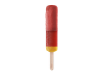 Gelado no palito Gelatelli premium, com três camadas vermelhas e amarelas.