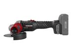Cordless angle grinder with a red handle and a cutting disc, powered by a 20V battery.