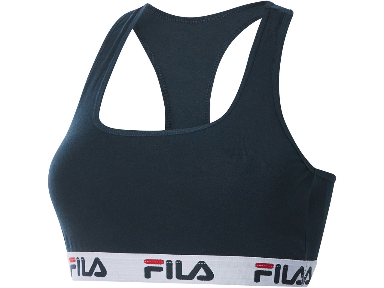 A dark teal Fila branded sports bra with a racerback design.