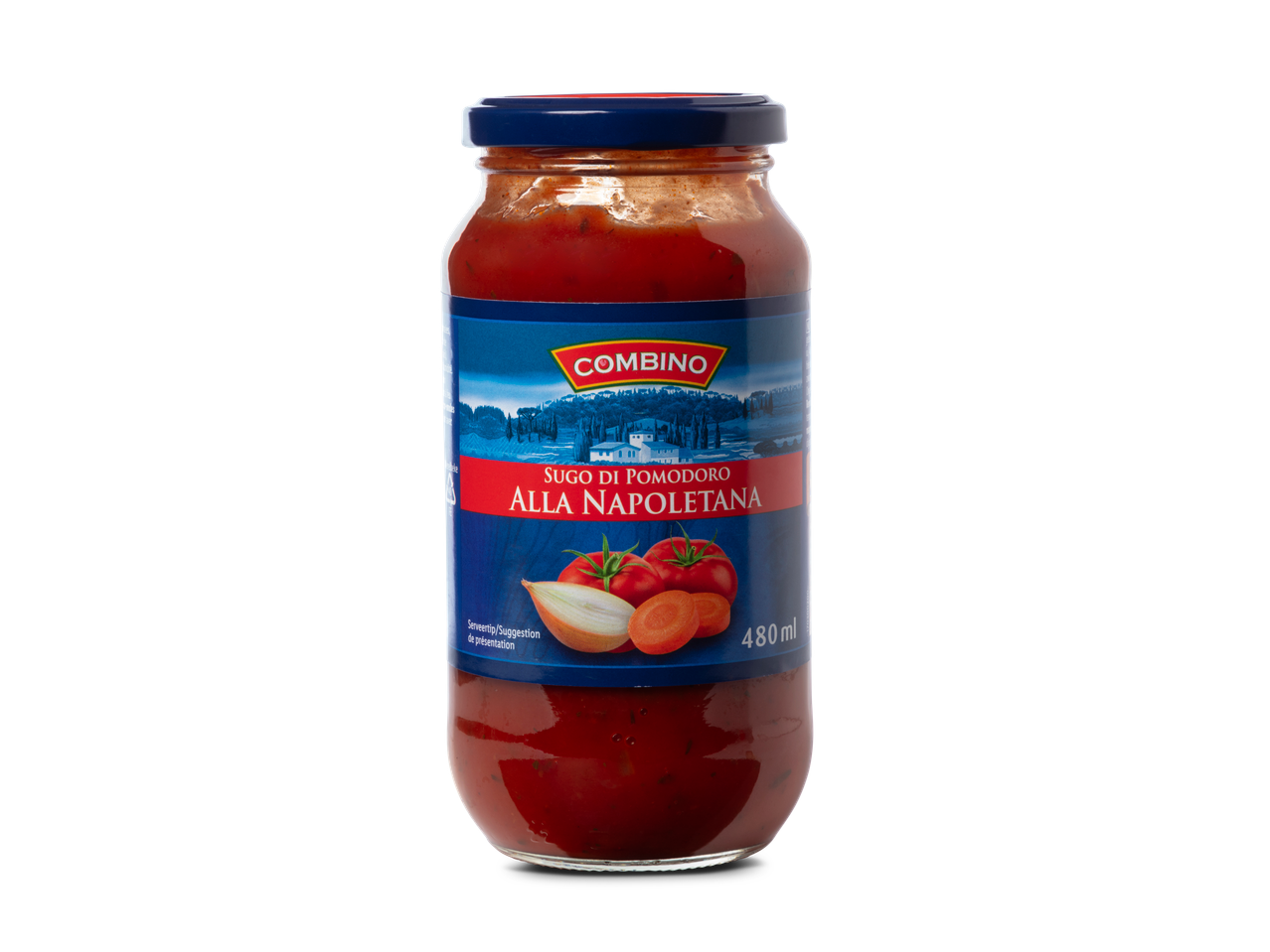 Combino Napolitaanse tomatensaus in een glazen pot.