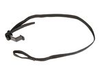 Black nylon strap with a plastic buckle and a loop on a white background.