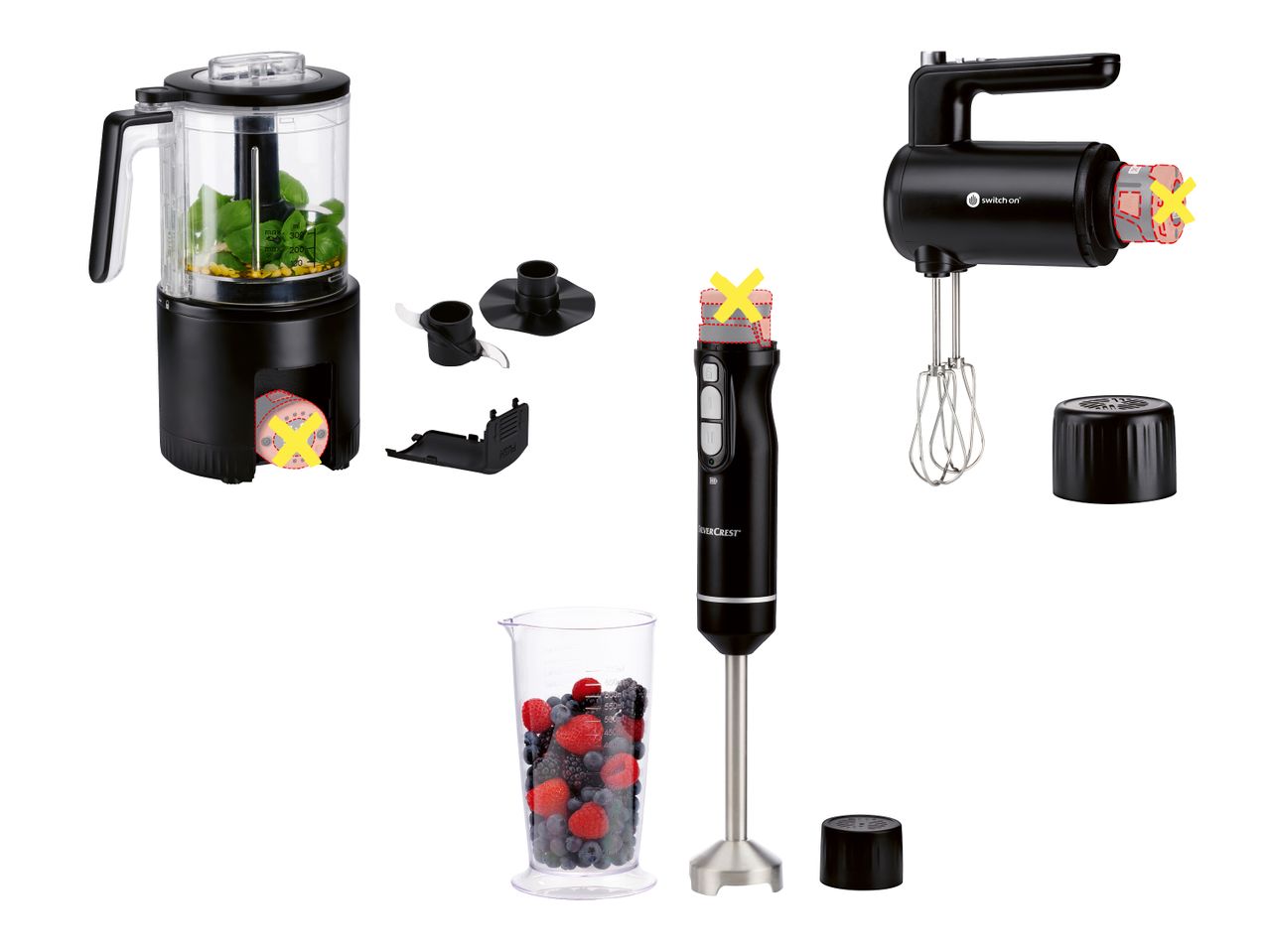 Multifunktionales Küchengerät mit Zerkleinerer, Stabmixer und Handmixer-Aufsätzen.