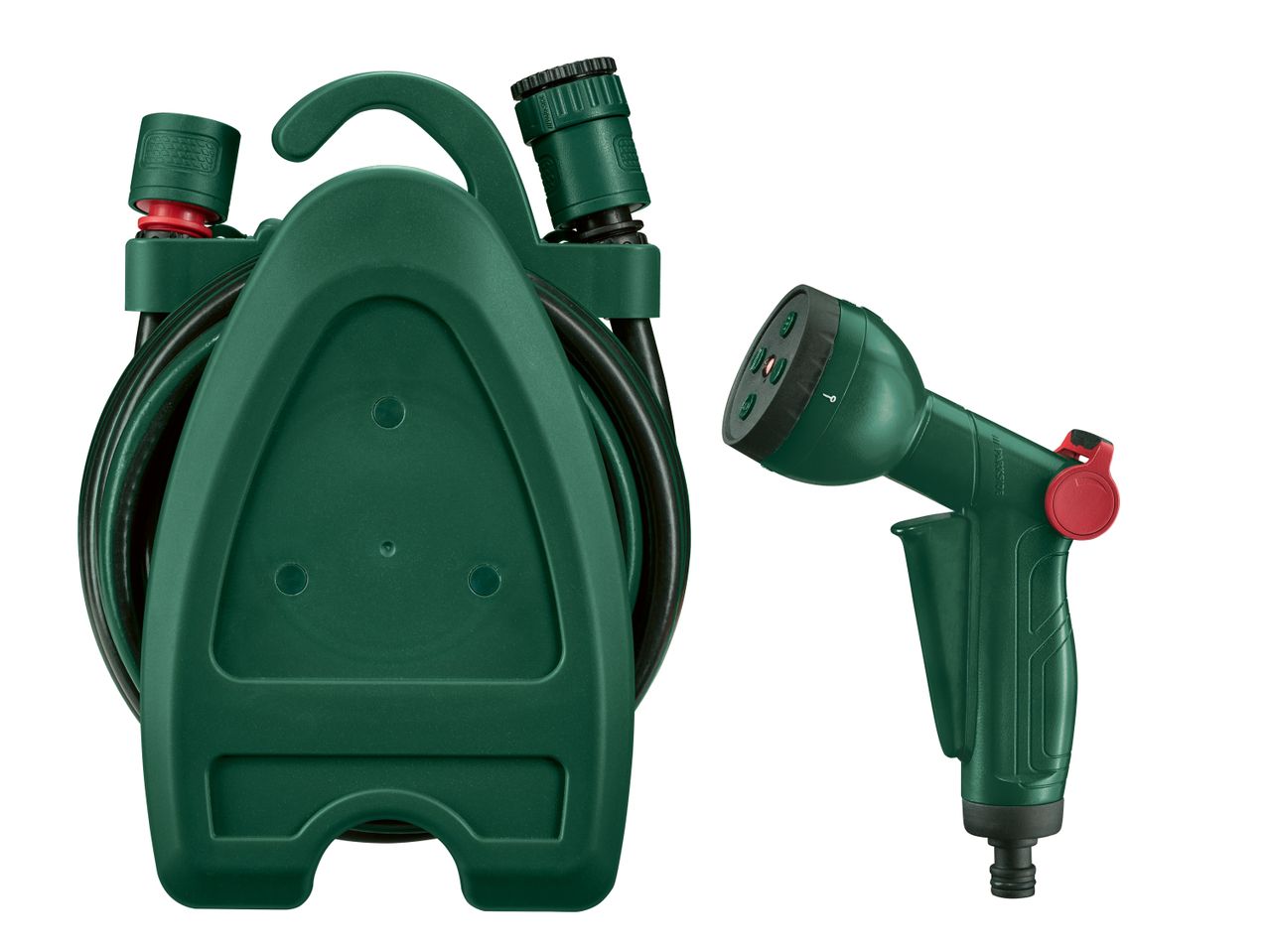 Un set da giardino PARKSIDE® con supporto da parete e pistola spruzzatrice.