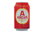 Lata de cerveja Argus Original vermelha com gotas de água, 5,2% vol.