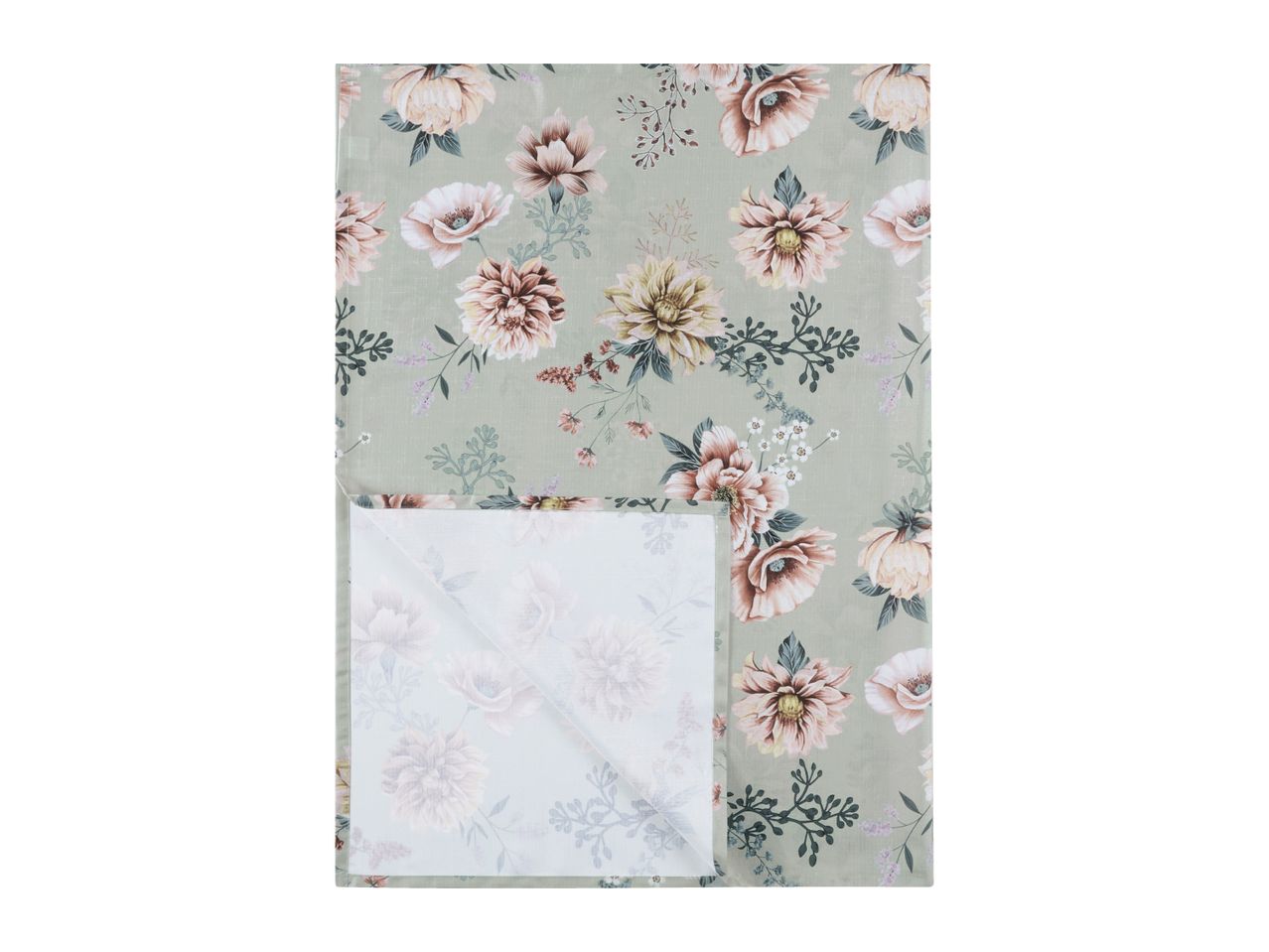 Floral tablecloth with a light green background and various flowers in pink, peach, and yellow.