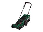 Green electric lawnmower with a black grass collection bag and red accents.