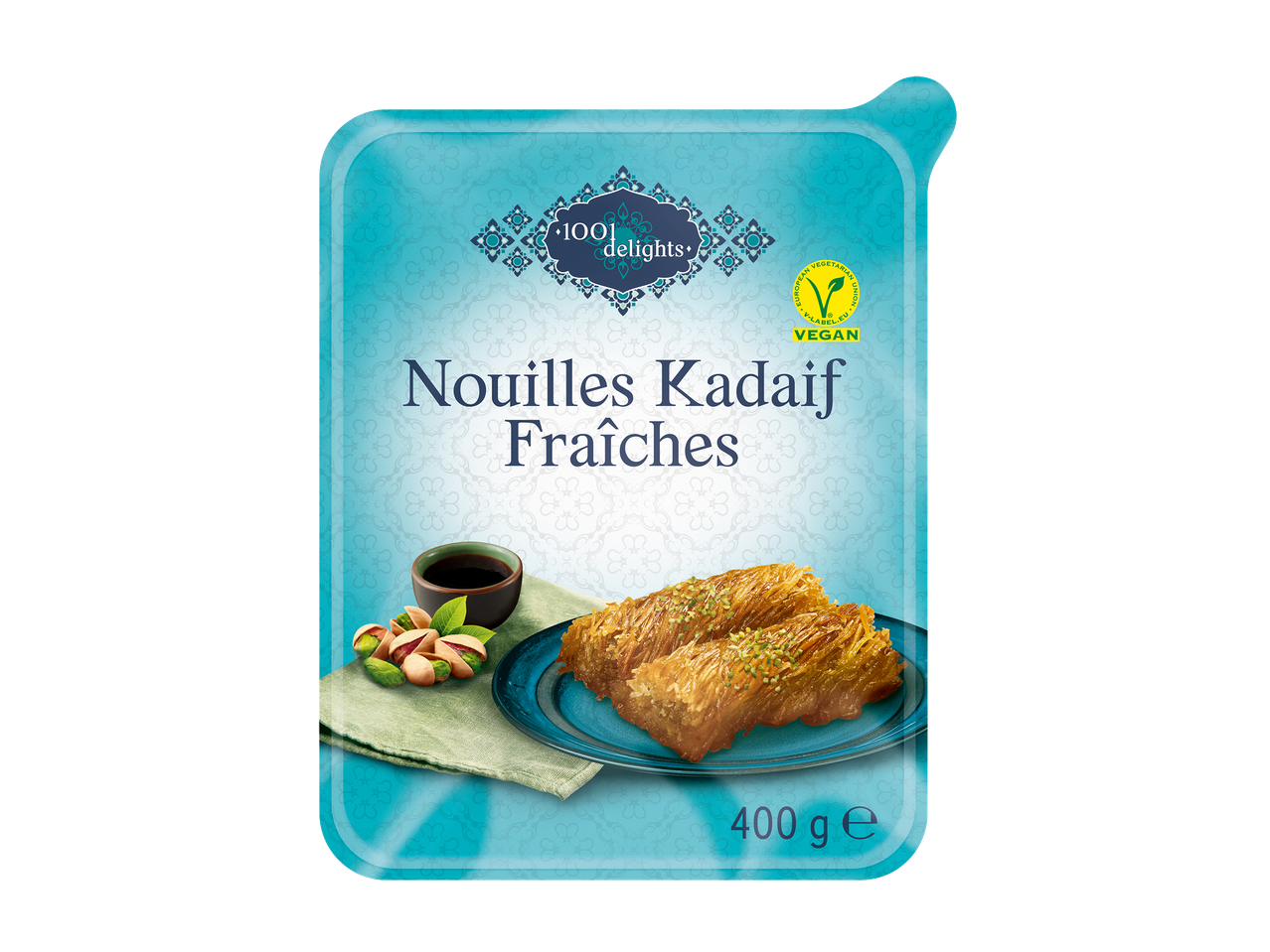 Paquet de nouilles Kadaif fraîches avec des pistaches et un sirop, 400g, végétalien.