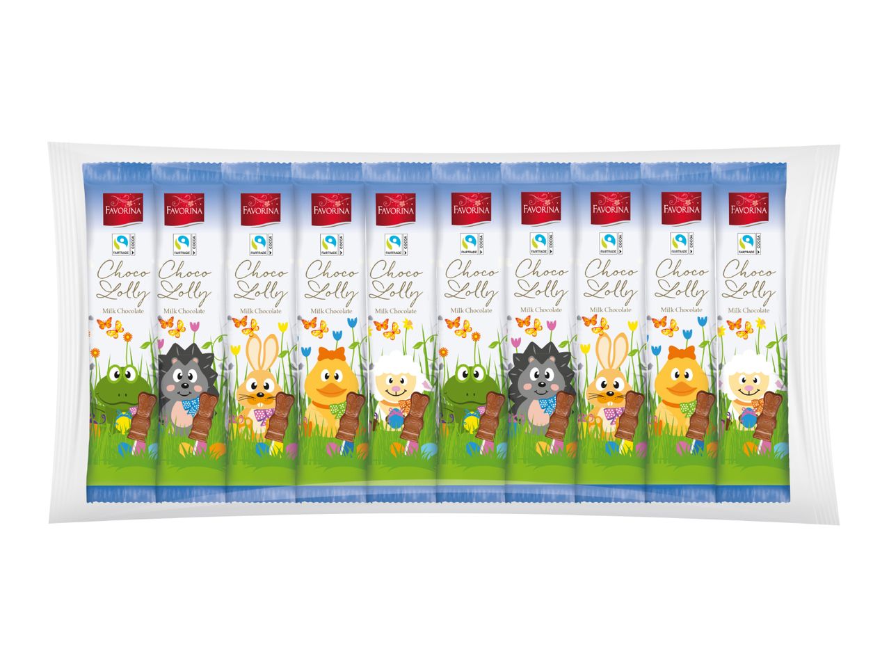 Ten milk chocolate lollipops with Easter animal designs, individually wrapped in a clear package.