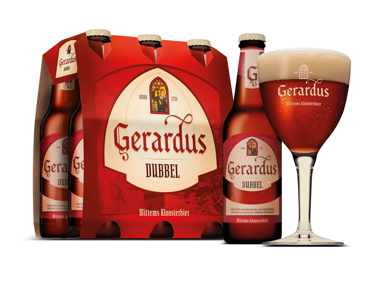 Gerardus Dubbel bier in flesjes en glas.
