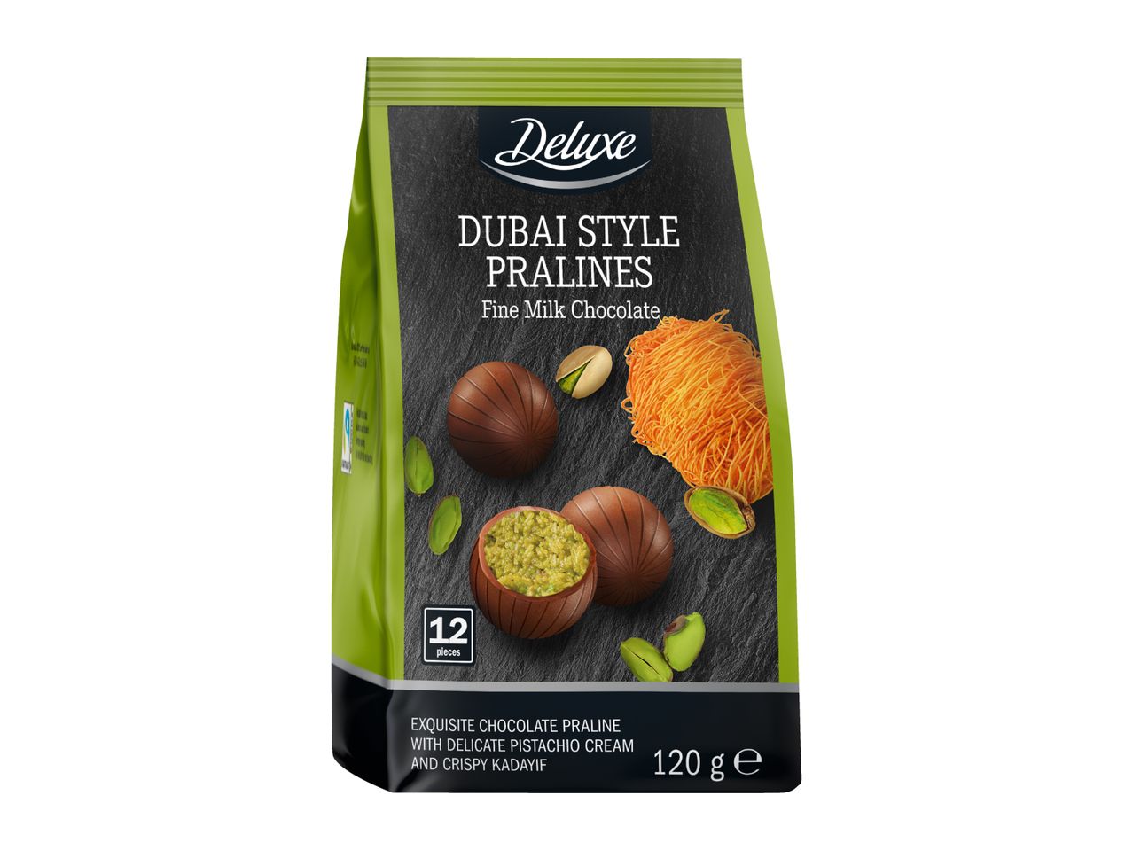 Dubai style pralines with pistachio cream and crispy kadayif, 12 pieces, 120g.